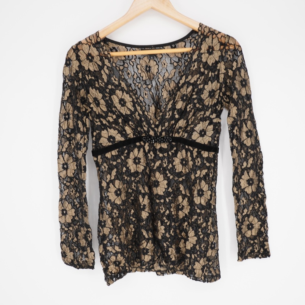 Karen Kane Floral Lace Tunic Top Womens S Black Gold Metallic Sheer Party Boho